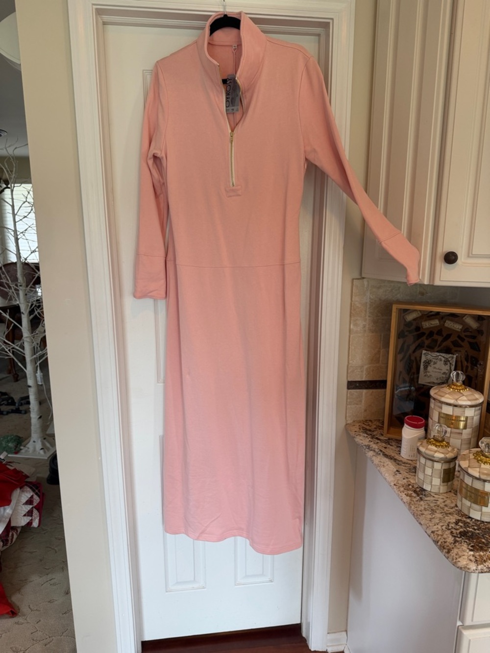 Women’s Long Sleeve Pink Zip-Neck Midi Dress